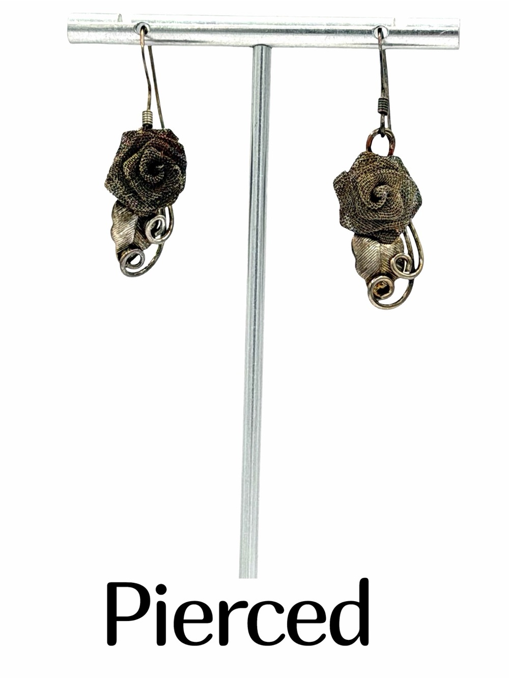 Antique Silver Mesh Wire-Wrap Rose Dangle Earrings Woman’s Hollywood Jewelry